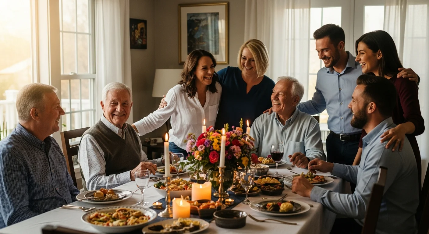 Familie feiert gemeinsam an einer festlich gedeckten Tafel